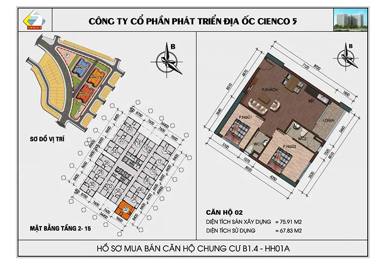 Mặt bằng thiết kế căn hộ chung cư HH01 khu B1.4 Thanh Hà