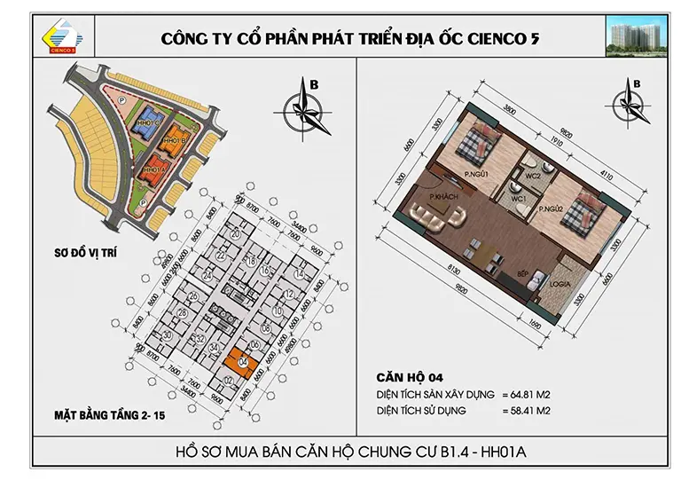 Mặt bằng thiết kế căn hộ chung cư HH01 khu B1.4 Thanh Hà