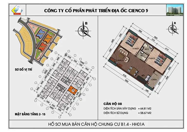 Mặt bằng thiết kế căn hộ chung cư HH01 khu B1.4 Thanh Hà