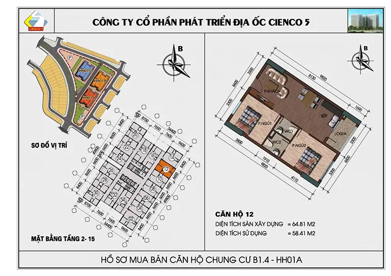 Mặt bằng thiết kế căn hộ chung cư HH01 khu B1.4 Thanh Hà