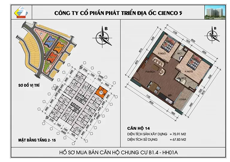 Mặt bằng thiết kế căn hộ chung cư HH01 khu B1.4 Thanh Hà