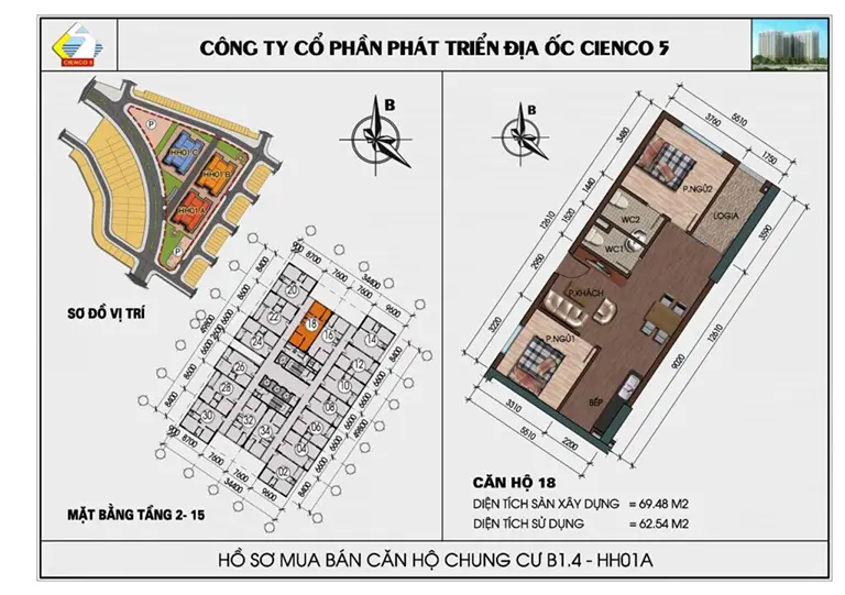 Mặt bằng thiết kế căn hộ chung cư HH01 khu B1.4 Thanh Hà