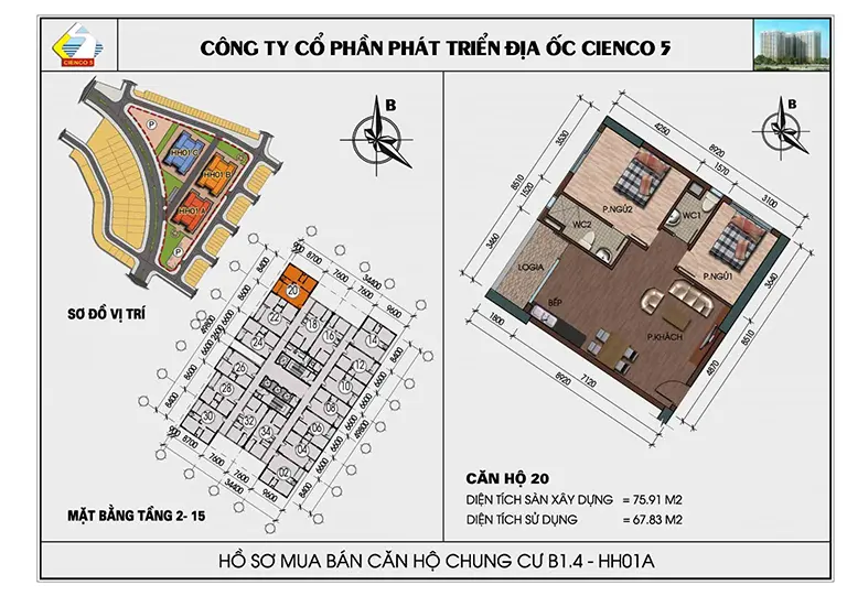 Mặt bằng thiết kế căn hộ chung cư HH01 khu B1.4 Thanh Hà