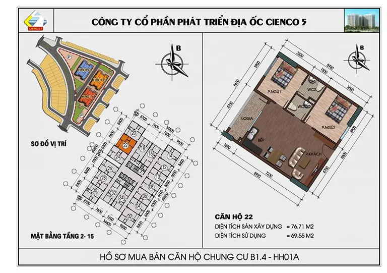 Mặt bằng thiết kế căn hộ chung cư HH01 khu B1.4 Thanh Hà