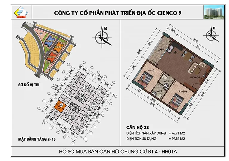 Mặt bằng thiết kế căn hộ chung cư HH01 khu B1.4 Thanh Hà