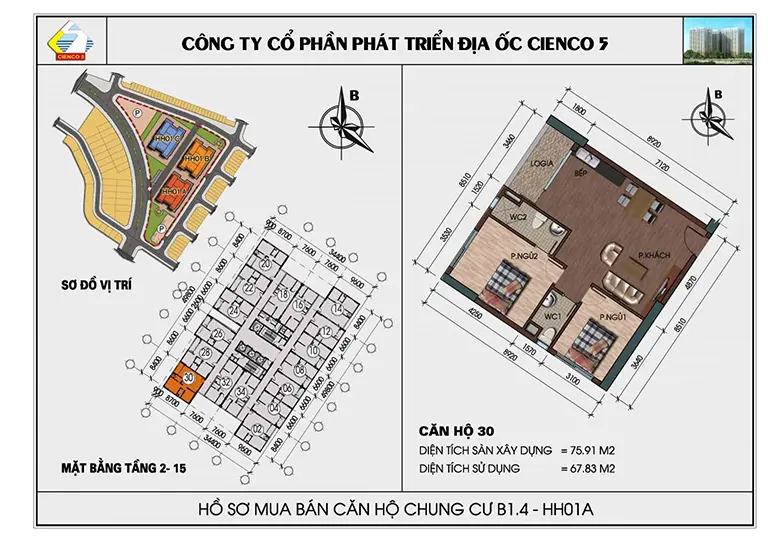 Mặt bằng thiết kế căn hộ chung cư HH01 khu B1.4 Thanh Hà