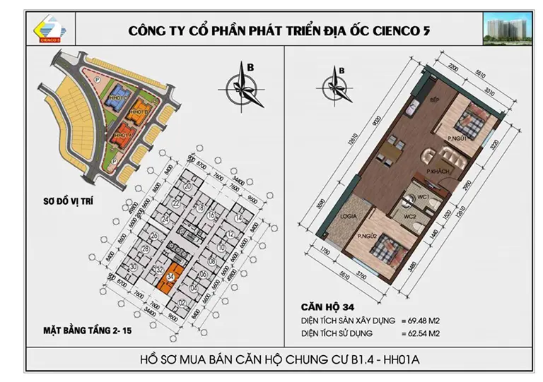 Mặt bằng thiết kế căn hộ chung cư HH01 khu B1.4 Thanh Hà